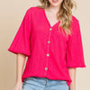 BOMBOM Texture Decorative Button V-Neck Top - Fuchsia