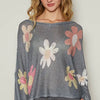 POL Flower Dropped Shoulder Long Sleeve Knit Top - Charcoal