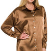 Zenana Satin Button Down Long Sleeve Shirt - DEEP CAMEL