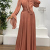Pleated Mock Neck Long Sleeve Maxi Dress - Red