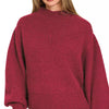 Zenana Balloon Sleeve Mock Neck Sweater - CABERNET