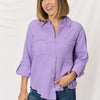 Zenana Texture Button Up Raw Hem Long Sleeve Shirt - LAVENDER