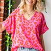 First Love Leopard V-Neck Short Sleeve Woven Top - PINK