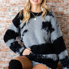 First Love Full Size Abstract Pattern Contrast Feather Yarn Sweater - Black Multi