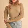 Aemi+Co Mock Neck Ribbed Knit Top with Crochet Sleeve - Tan
