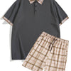 Men's Full Size Classic Plaid Collar Polo and Shorts Set Plus Size - Dark Gray