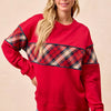 BiBi Christmas Theme Plaid Block Sweatshirt with Binding - RED