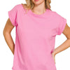 Zenana Round Neck Folded Short Sleeve T-Shirt - CANDY PINK