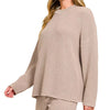 Zenana Round Neck Knit Top and Shorts Sweater Set - ASH MOCHA