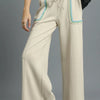 Umgee Drawstring Wide Leg Pants with Scallop Trim Detail - Beige
