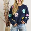 ADORA Full Size Flower Popped Sweater Plus Size - NAVY