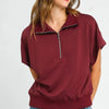 Umgee Full Size Half-Zip Short Sleeve Top Plus Size - MAHOGANY