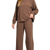 Zenana Slub Long Sleeve Top and Pants Lounge Set - BROWN