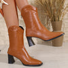 Leather Block Heel Boots - Brown