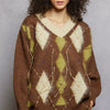 POL V-Neck Argyle Pattern Mohair Sweater with Contrast Exposed Stitch Detail - MOCHA