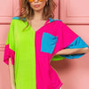 BiBi Slinky Knit Color Block V Neck Front Top - TEAL/MAUVE/LIME