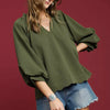 Umgee Full Size Textured Notched Balloon Sleeve Blouse Plus Size - Olive