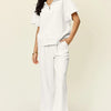Double Take Full Size Texture Half Zip Short Sleeve Top and Pants Set - White