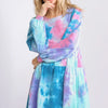 Umgee Full Size Tie Dye Round Neck Long Sleeve Babydoll Tiered Dress Plus Size - TEAL/PINK