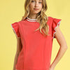 Umgee Contrast Trim Ruffle Cap Sleeve Blouse - Red