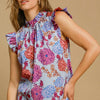 Umgee Full Size Floral Print Ruffled Cap Sleeve Blouse Plus Size - Light Blue