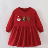 Children's Christmas Character Applique Long Sleeve Dress - Burgundy