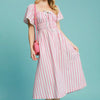 Umgee Smocked Striped Short Sleeve Midi Dress - PINK / BLUE