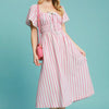 Umgee Smocked Striped Short Sleeve Midi Dress - PINK / BLUE