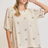 Umgee Full Size Linen Blend Ribbon Embroidered Top Plus Size - OATMEAL