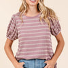 Mittoshop Contrast Striped Short Puff Sleeve Knit Top - Pink
