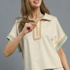 Umgee Contrast Trim Half Zip Collared Blouse - Beige