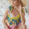 BiBi Circular Tie Dye Knit V Neck Top With Ruffle - YELLOW ORANGE