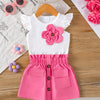 Children's Floral Applique Ruffle Sleeve Top & Skirt Set - Rose Red