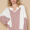 POL Waffle Knit Floral Notched Long Sleeve Top - White