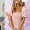 BiBi Puff Sleeve Square Neck Smocked Peplum Top - LT PINK