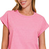 Zenana Rolled Sleeve Crop T-Shirt - H HOT PINK