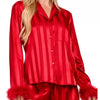 Striped Feather Trim Shirt and Shorts Lounge Set - Red