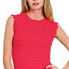 Zenana Ribbed Ruffle Trim Sleeveless Stripe Top - RUBY/WHITE