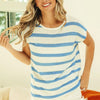 BiBi Striped Round Neck Short Sleeve Knit Top - Ivory/Denim