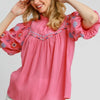 Umgee Full Size Embroidered Puff Sleeve Mock Neck Top Plus Size - Hot Pink