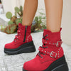 Lace Up Platform Wedge Boots - Red