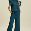 Double Take Full Size Texture Ruffle Short Sleeve Top and Wide Leg Pants Set - Deep Teal