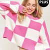 ADORA Plus Size Comfy Checkered Colorblock Sweater Top - PINK