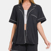 Zenana Button Down Short Sleeve Top and Shorts Lounge Set - Black