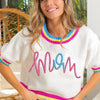 BiBi Metallic Letter Short Puff Sleeve Sweater - FUCHSIA MULTI