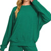 Zenana Slub Long Sleeve Top and Shorts Set - HUNTER GREEN