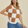 Double Take Full Size Checkered Round Neck Short Sleeve Sweater - Camel