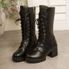 Lace Up Block Heels Boots - Black
