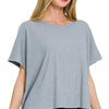 Zenana Ribbed Round-Neck Short-Sleeve Knit Top - BLUE GREY