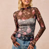 BiBi Flower Printed Mesh Lace Top with Thumb Opening - BLACK/ROSE